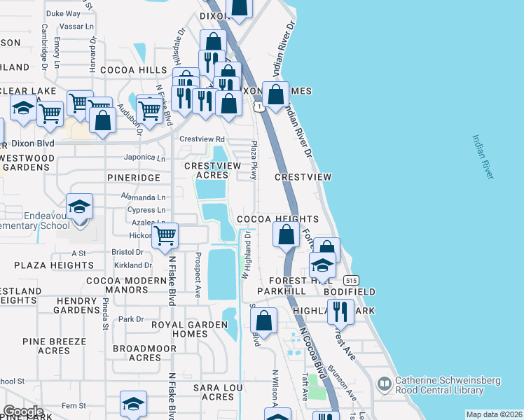 map of restaurants, bars, coffee shops, grocery stores, and more near 198 Cocoa Place in Cocoa