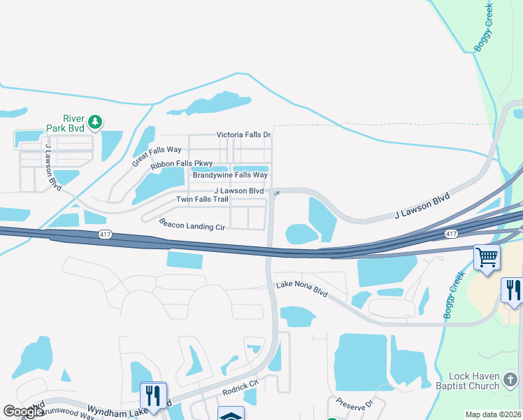 map of restaurants, bars, coffee shops, grocery stores, and more near 2324 J Lawson Boulevard in Orlando