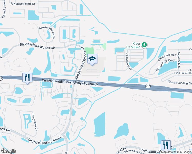 map of restaurants, bars, coffee shops, grocery stores, and more near Central Florida GreeneWay in Orlando