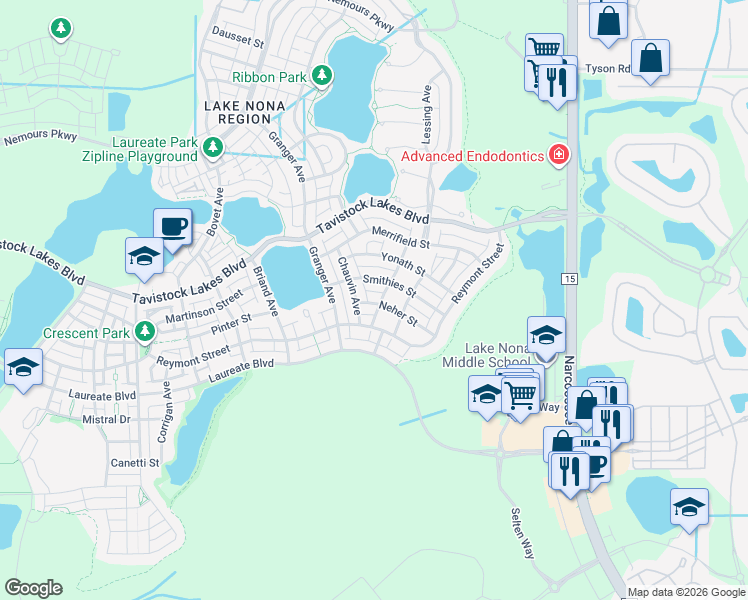 map of restaurants, bars, coffee shops, grocery stores, and more near 13775 Chauvin Avenue in Orlando