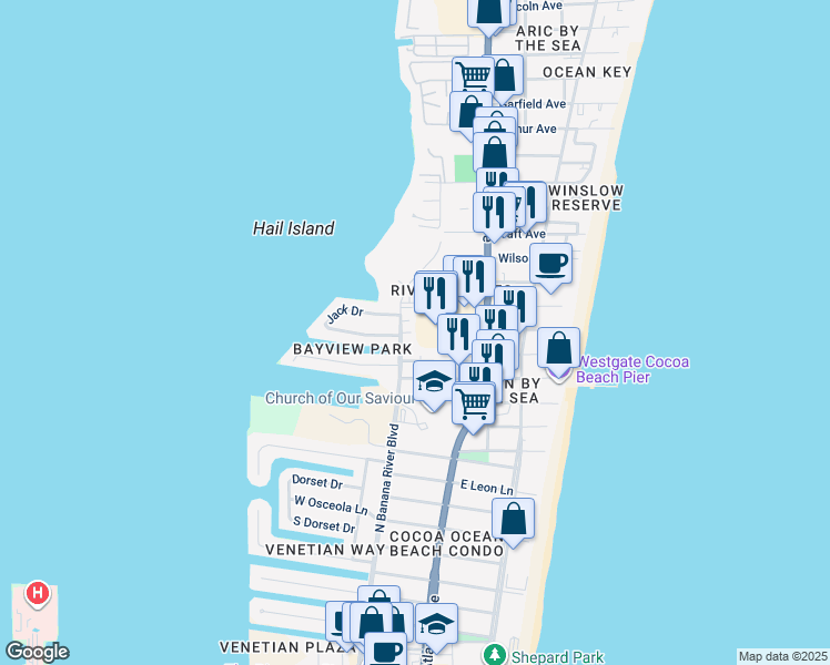 map of restaurants, bars, coffee shops, grocery stores, and more near 5610 North Banana River Boulevard in Cocoa Beach