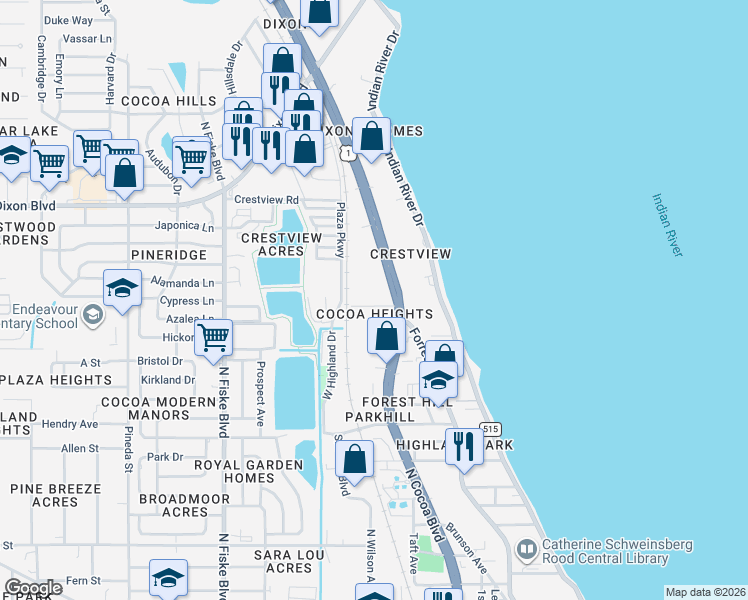 map of restaurants, bars, coffee shops, grocery stores, and more near 114 Cocoa Place in Cocoa