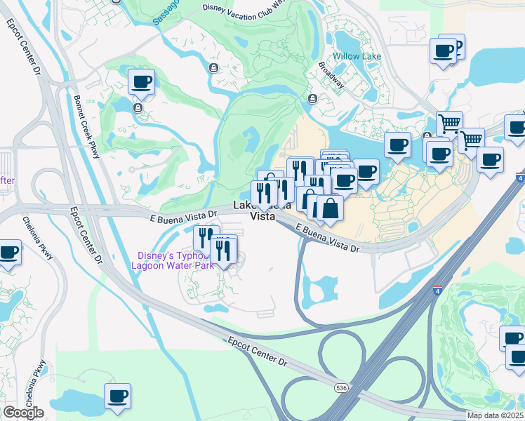 map of restaurants, bars, coffee shops, grocery stores, and more near in Lake Buena Vista