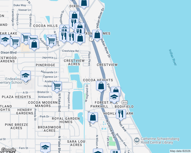 map of restaurants, bars, coffee shops, grocery stores, and more near 114 Cocoa Place in Cocoa