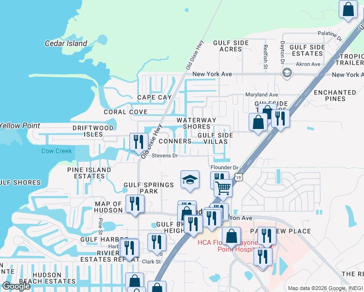 map of restaurants, bars, coffee shops, grocery stores, and more near 14606 Williams Lane in Hudson