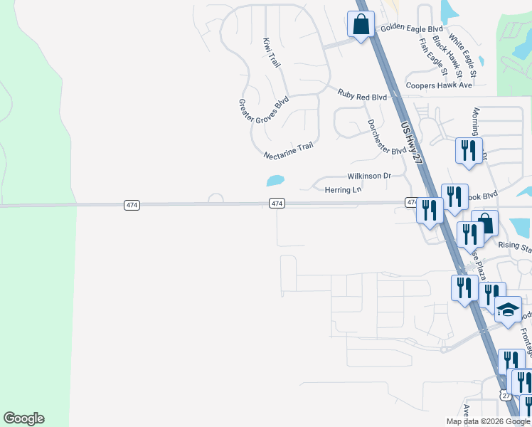 map of restaurants, bars, coffee shops, grocery stores, and more near 15744 County Road 474 in Clermont
