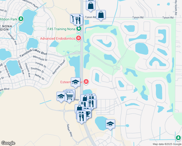 map of restaurants, bars, coffee shops, grocery stores, and more near 8220 Prestbury Drive in Orlando