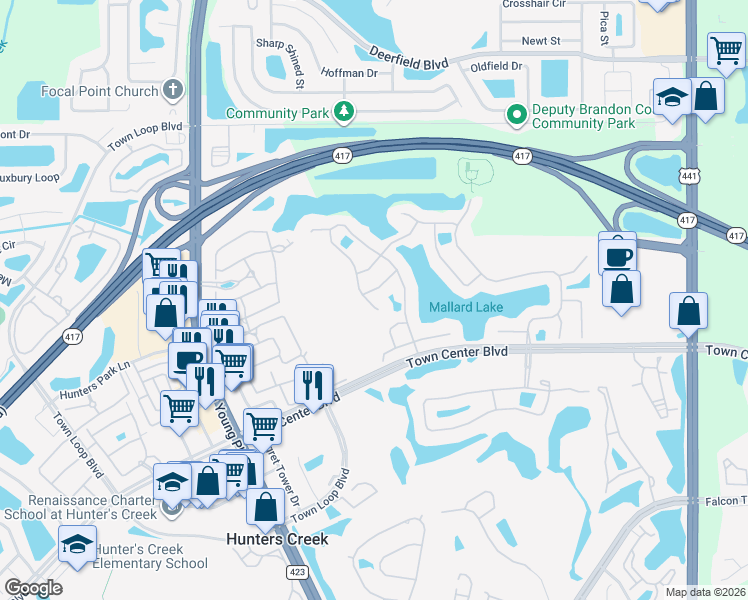 map of restaurants, bars, coffee shops, grocery stores, and more near 13420 Heron Cove Drive in Orlando