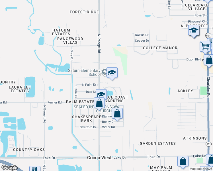 map of restaurants, bars, coffee shops, grocery stores, and more near 713 Lunar Lake Circle in Cocoa