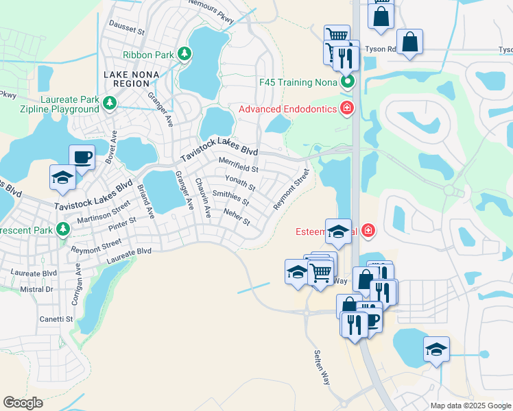 map of restaurants, bars, coffee shops, grocery stores, and more near 9249 Smithies Street in Orlando