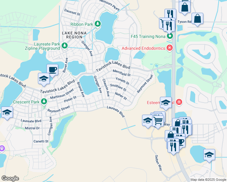 map of restaurants, bars, coffee shops, grocery stores, and more near 13775 Chauvin Avenue in Orlando