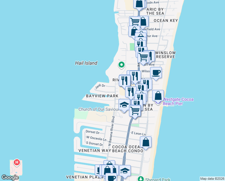 map of restaurants, bars, coffee shops, grocery stores, and more near 311 Jack Drive in Cocoa Beach