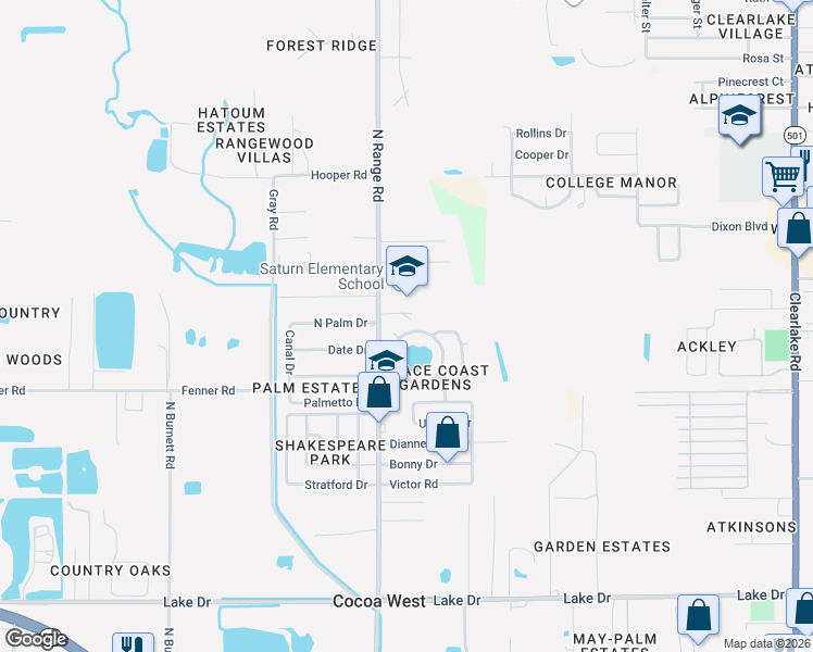 map of restaurants, bars, coffee shops, grocery stores, and more near 717 Lunar Lake Circle in Cocoa