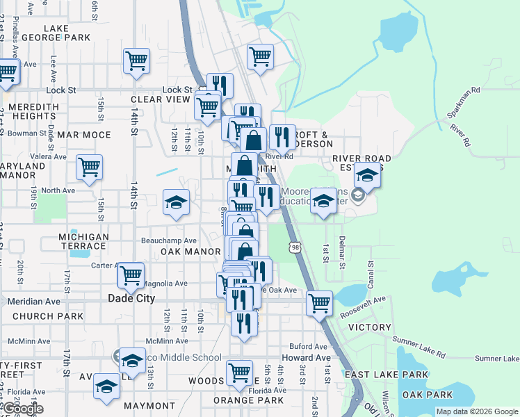 map of restaurants, bars, coffee shops, grocery stores, and more near 14526 6th Street in Dade City
