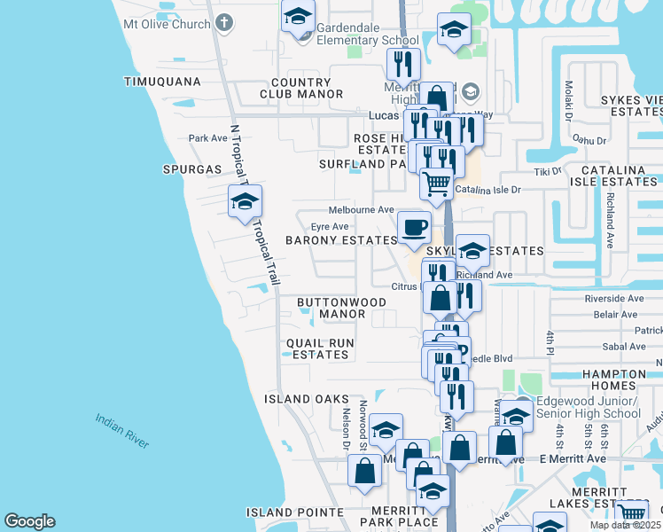 map of restaurants, bars, coffee shops, grocery stores, and more near 255 Coldstream Avenue in Merritt Island