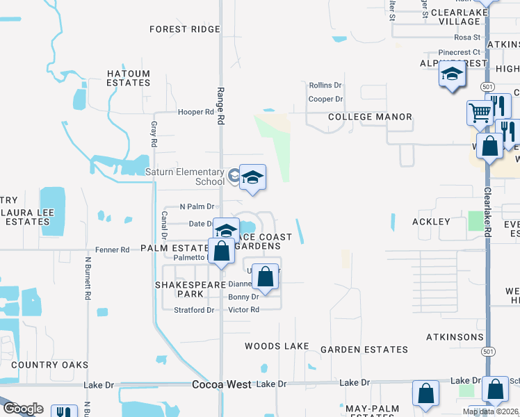 map of restaurants, bars, coffee shops, grocery stores, and more near 707 Venus Drive in Cocoa