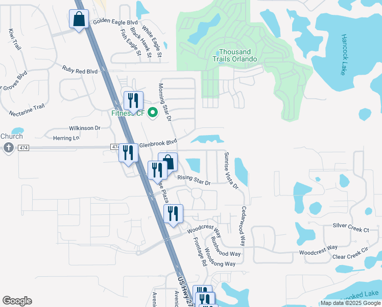 map of restaurants, bars, coffee shops, grocery stores, and more near 16626 Sunrise Vista Drive in Clermont