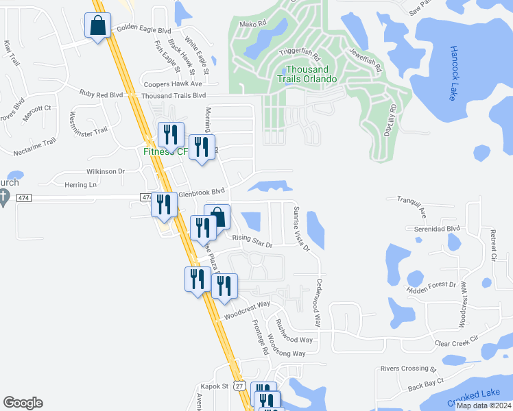 map of restaurants, bars, coffee shops, grocery stores, and more near 16638 Sunrise Vista Drive in Clermont