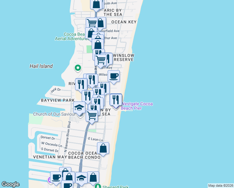 map of restaurants, bars, coffee shops, grocery stores, and more near 220 Young Avenue in Cocoa Beach