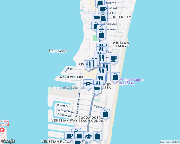 map of restaurants, bars, coffee shops, grocery stores, and more near 5575 North Atlantic Avenue in Cocoa Beach
