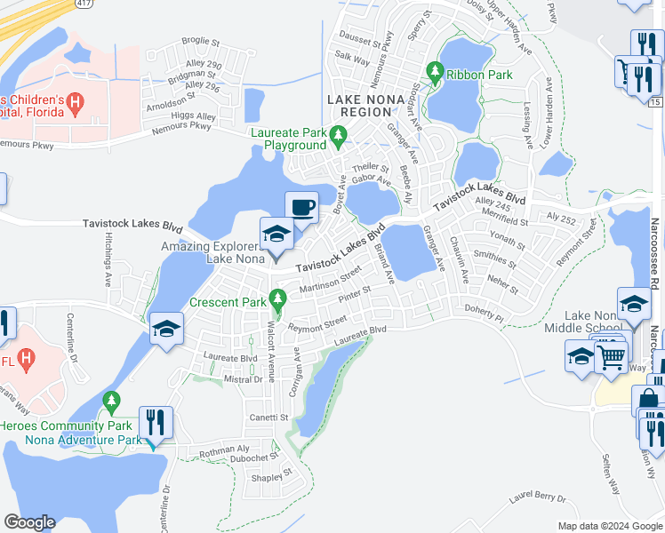 map of restaurants, bars, coffee shops, grocery stores, and more near 8584 Tavistock Lakes Boulevard in Orlando