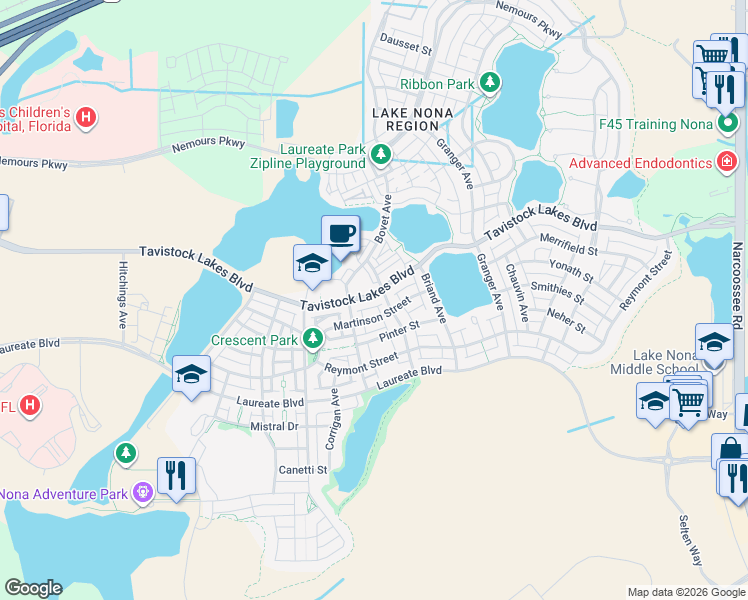map of restaurants, bars, coffee shops, grocery stores, and more near 8584 Tavistock Lakes Boulevard in Orlando