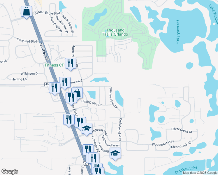 map of restaurants, bars, coffee shops, grocery stores, and more near 1531 Blue Horizon Drive in Clermont