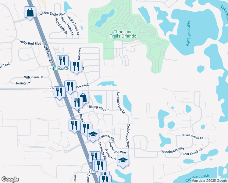 map of restaurants, bars, coffee shops, grocery stores, and more near 1531 Blue Horizon Drive in Clermont