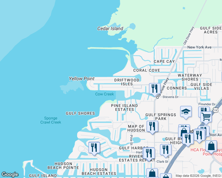 map of restaurants, bars, coffee shops, grocery stores, and more near 6608 Seaview Boulevard in Hudson
