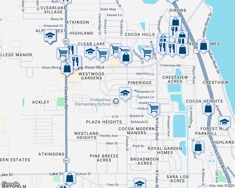map of restaurants, bars, coffee shops, grocery stores, and more near 1209 Cypress Lane in Cocoa