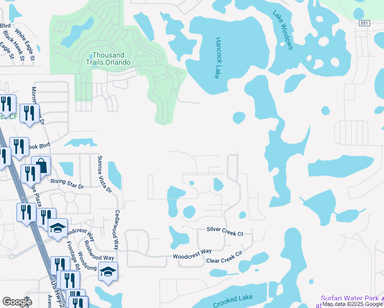 map of restaurants, bars, coffee shops, grocery stores, and more near 17400 Placidity Avenue in Clermont