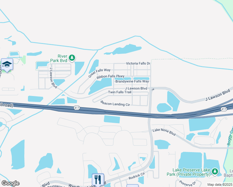 map of restaurants, bars, coffee shops, grocery stores, and more near 2021 Beacon Landing Circle in Orlando