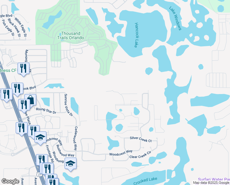 map of restaurants, bars, coffee shops, grocery stores, and more near Tranquil Avenue in Clermont