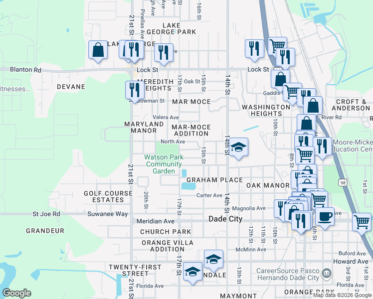 map of restaurants, bars, coffee shops, grocery stores, and more near 14540 17th Street in Dade City