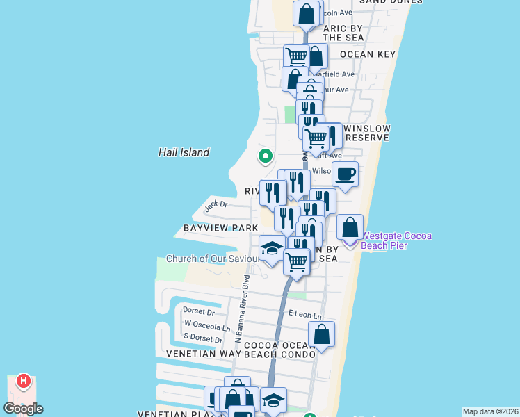 map of restaurants, bars, coffee shops, grocery stores, and more near 5610 North Banana River Boulevard in Cocoa Beach