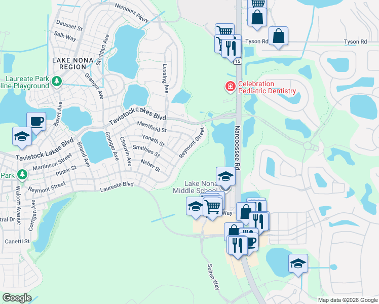 map of restaurants, bars, coffee shops, grocery stores, and more near 9502 Reymont Street in Orlando