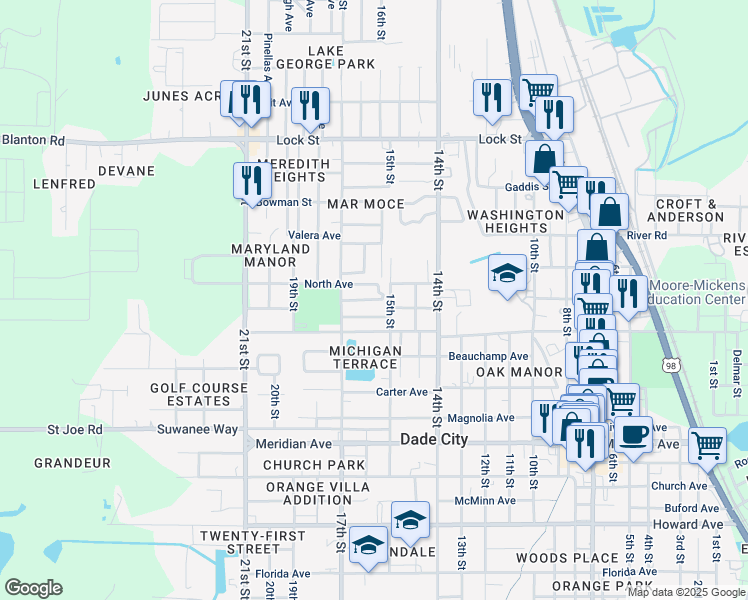 map of restaurants, bars, coffee shops, grocery stores, and more near 37313 Main Avenue in Dade City