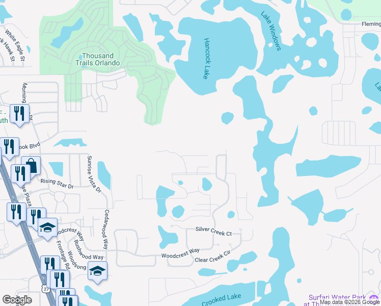 map of restaurants, bars, coffee shops, grocery stores, and more near 17400 Placidity Avenue in Clermont
