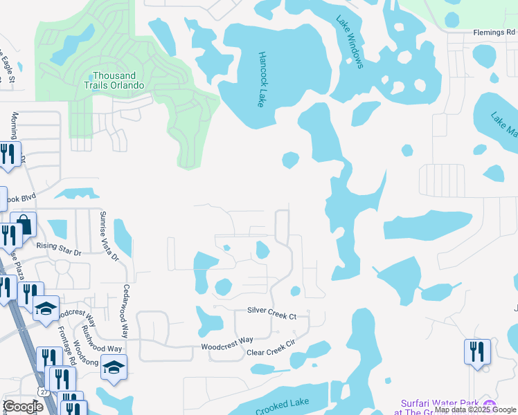 map of restaurants, bars, coffee shops, grocery stores, and more near 17528 Placidity Avenue in Clermont