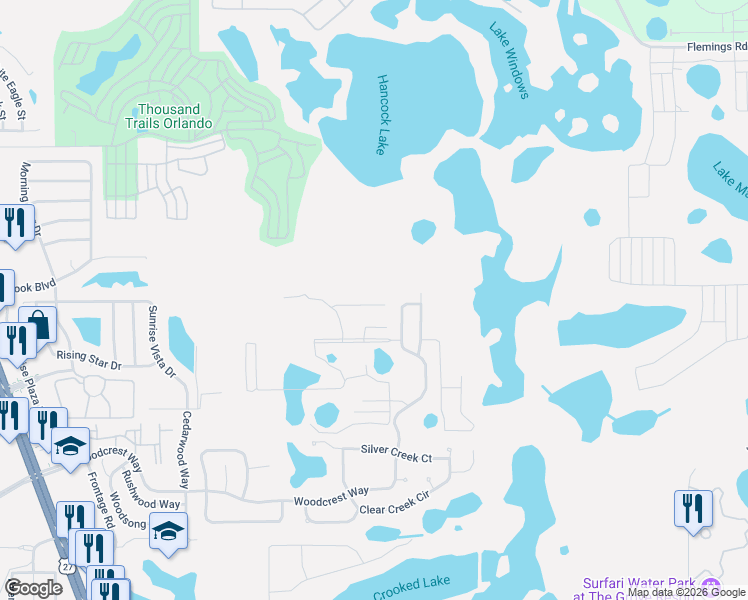 map of restaurants, bars, coffee shops, grocery stores, and more near 17528 Placidity Avenue in Clermont