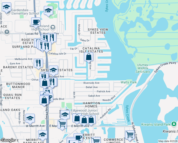 map of restaurants, bars, coffee shops, grocery stores, and more near 775 Richland Avenue in Merritt Island