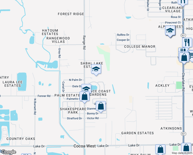 map of restaurants, bars, coffee shops, grocery stores, and more near 880 North Range Road in Cocoa