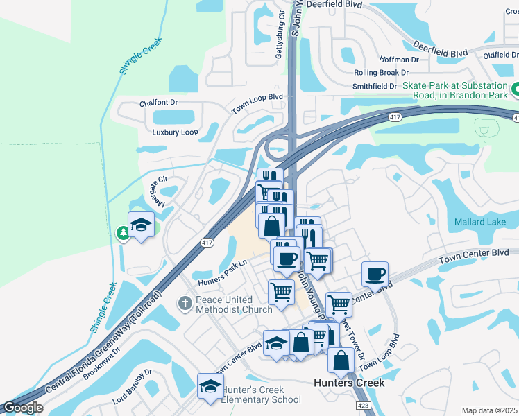 map of restaurants, bars, coffee shops, grocery stores, and more near 13538 Village Park Drive in Orlando