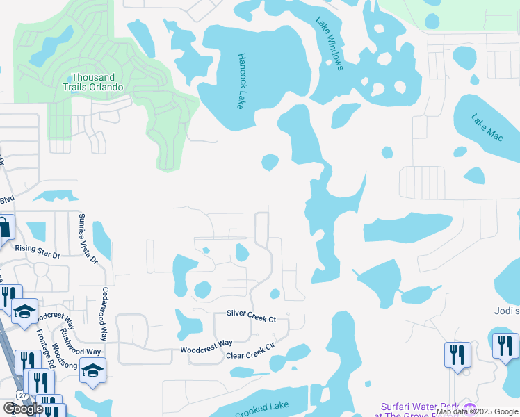 map of restaurants, bars, coffee shops, grocery stores, and more near 17852 Woodcrest Way in Clermont