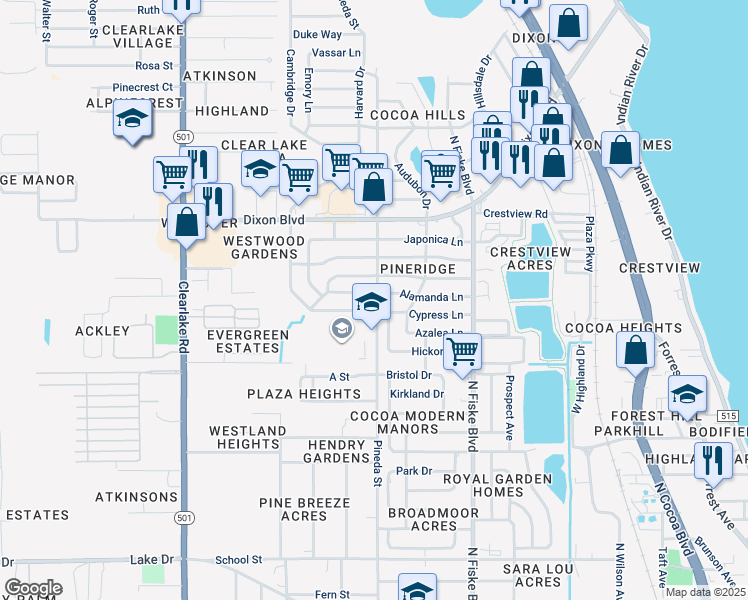 map of restaurants, bars, coffee shops, grocery stores, and more near 913 Acacia Way in Cocoa