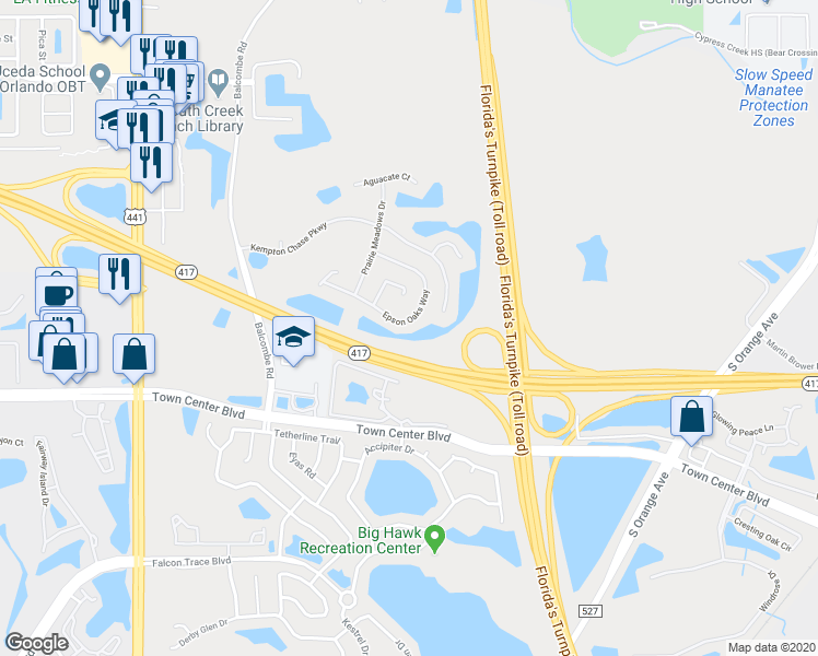 map of restaurants, bars, coffee shops, grocery stores, and more near 1218 Epson Oaks Way in Orlando