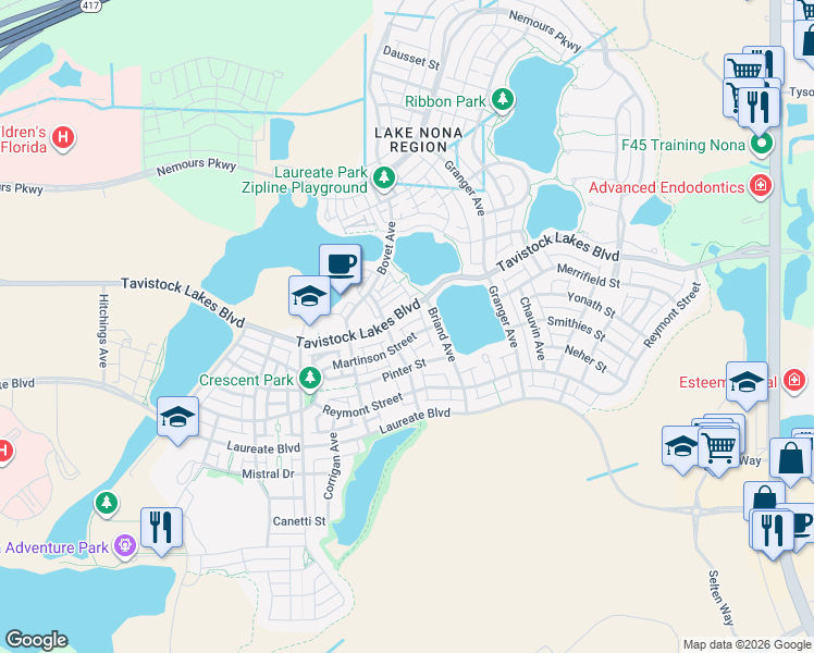 map of restaurants, bars, coffee shops, grocery stores, and more near 13706 Heaney Avenue in Orlando