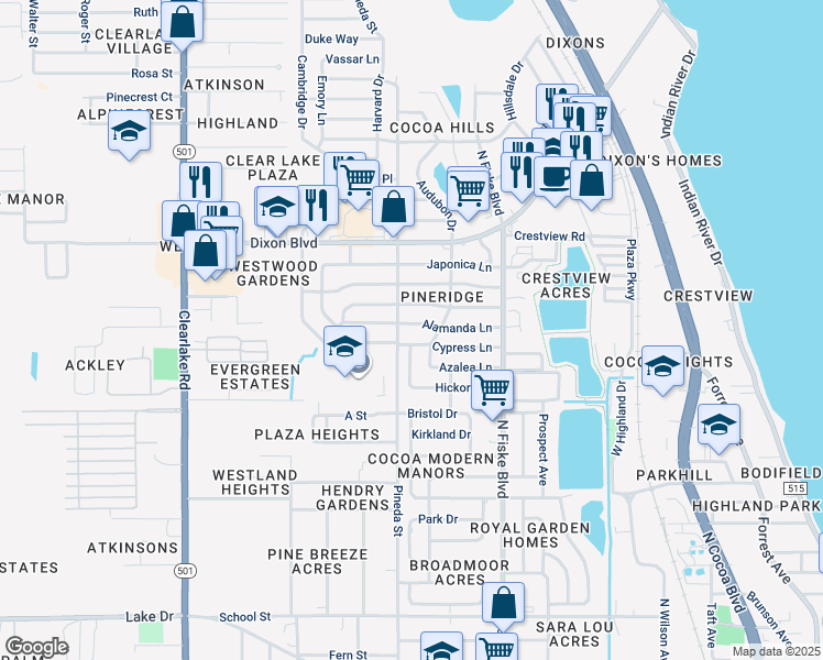 map of restaurants, bars, coffee shops, grocery stores, and more near 1107 Alamanda Lane in Cocoa