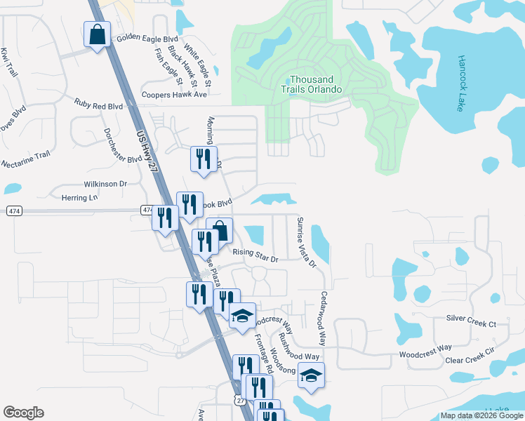 map of restaurants, bars, coffee shops, grocery stores, and more near 16642 Sunrise Vista Drive in Clermont