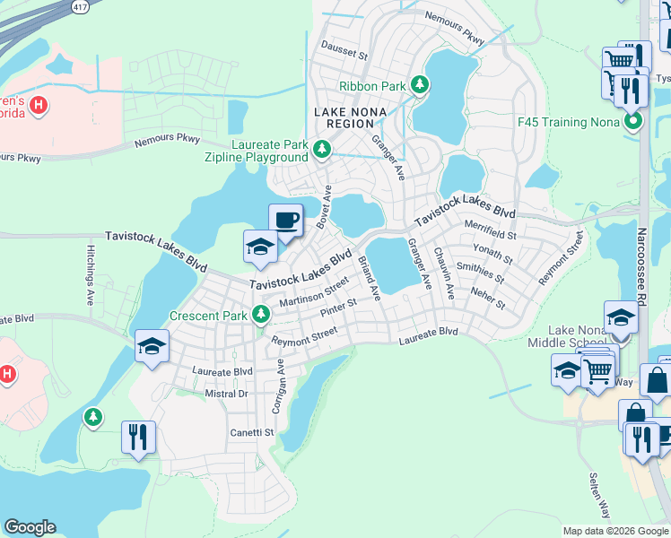 map of restaurants, bars, coffee shops, grocery stores, and more near 13706 Heaney Avenue in Orlando